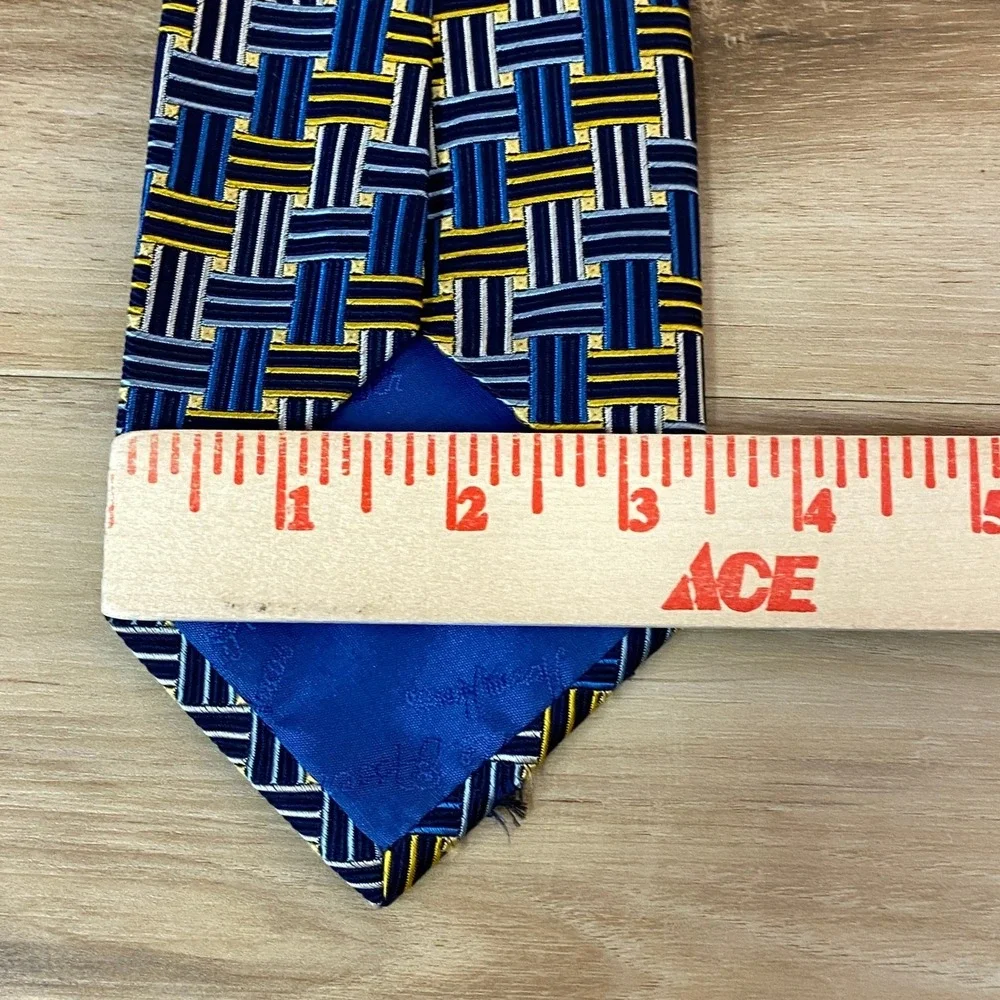 Turnbull & Asser‎ Mens Silk Tie Hand Made London Blue Yellow Geometric Pattern